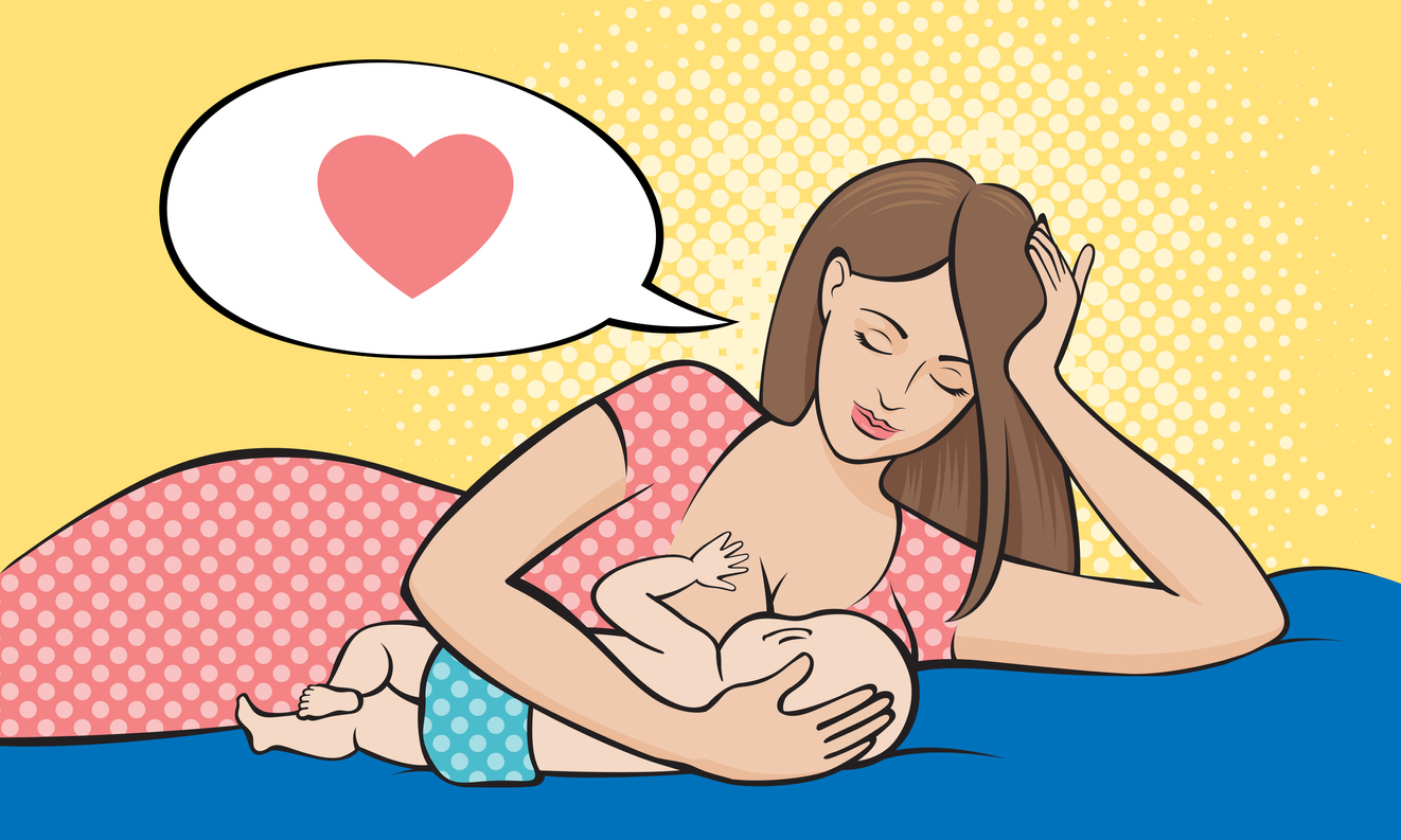 Beautiful mother breastfeeding her baby child - pop art style vector illustration